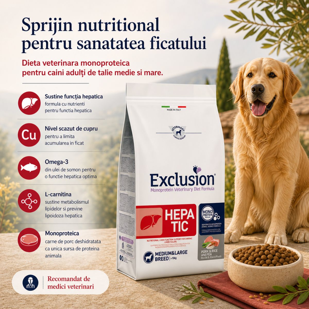 EXCLUSION Monoprotein VD Hepatic Medium&Large, M-XL, Porc și Orez, dietă veterinară, hrană uscată câini, sistem hepatic, 12kg - imagine 4